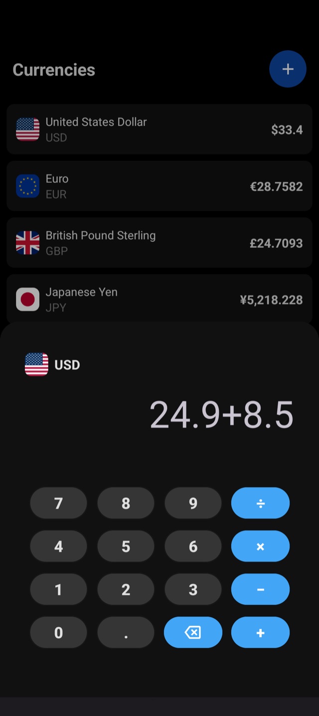 Built-in calculator over the currency list